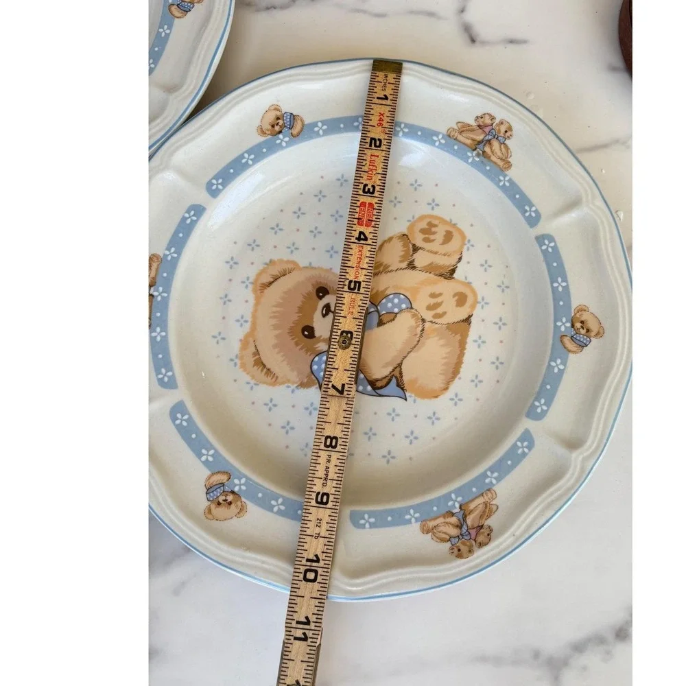 Vtg Tienshan Country Teddy Bear Ceramic Plates Set of 7‎ Blue Bow Stoneware